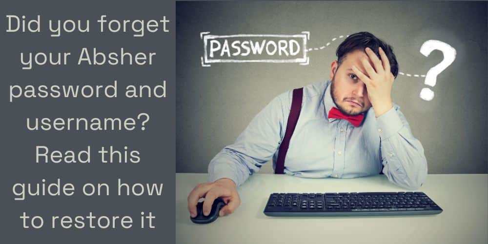 A worried man is sitting at a table with a keyboard and mouse, looking for a Abhser password reset.